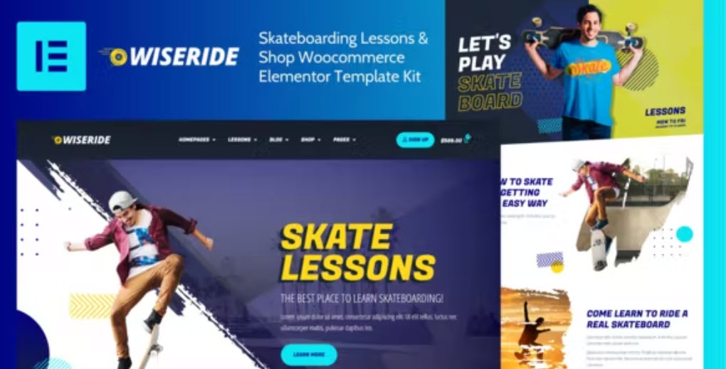 WiseRide Skateboarding Lessons & Shop Woocommerce Elementor Template Kit