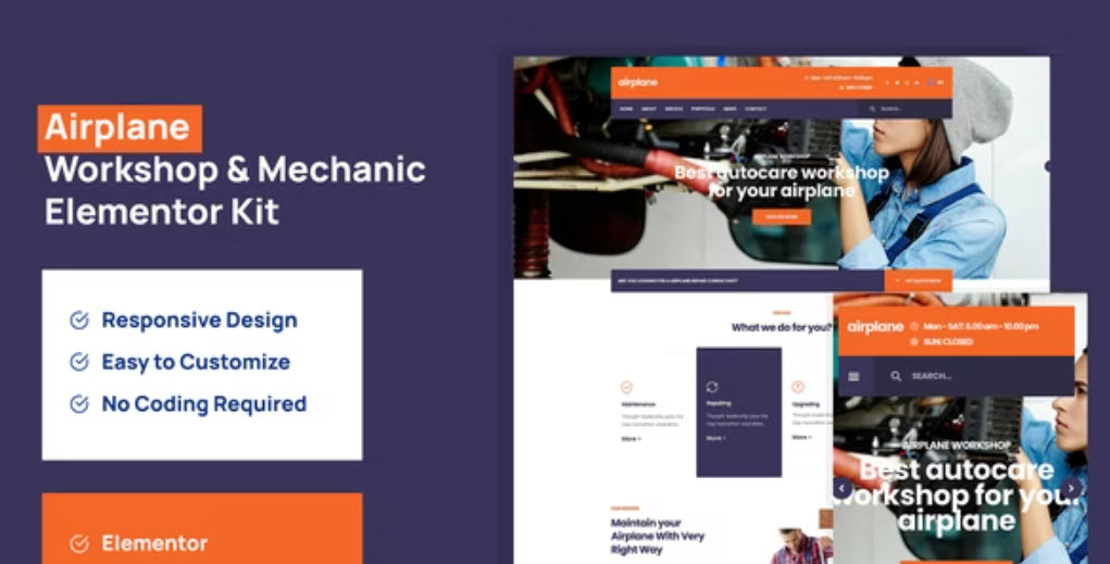 Airplane Mechanic Workshop Elementor Template Kit