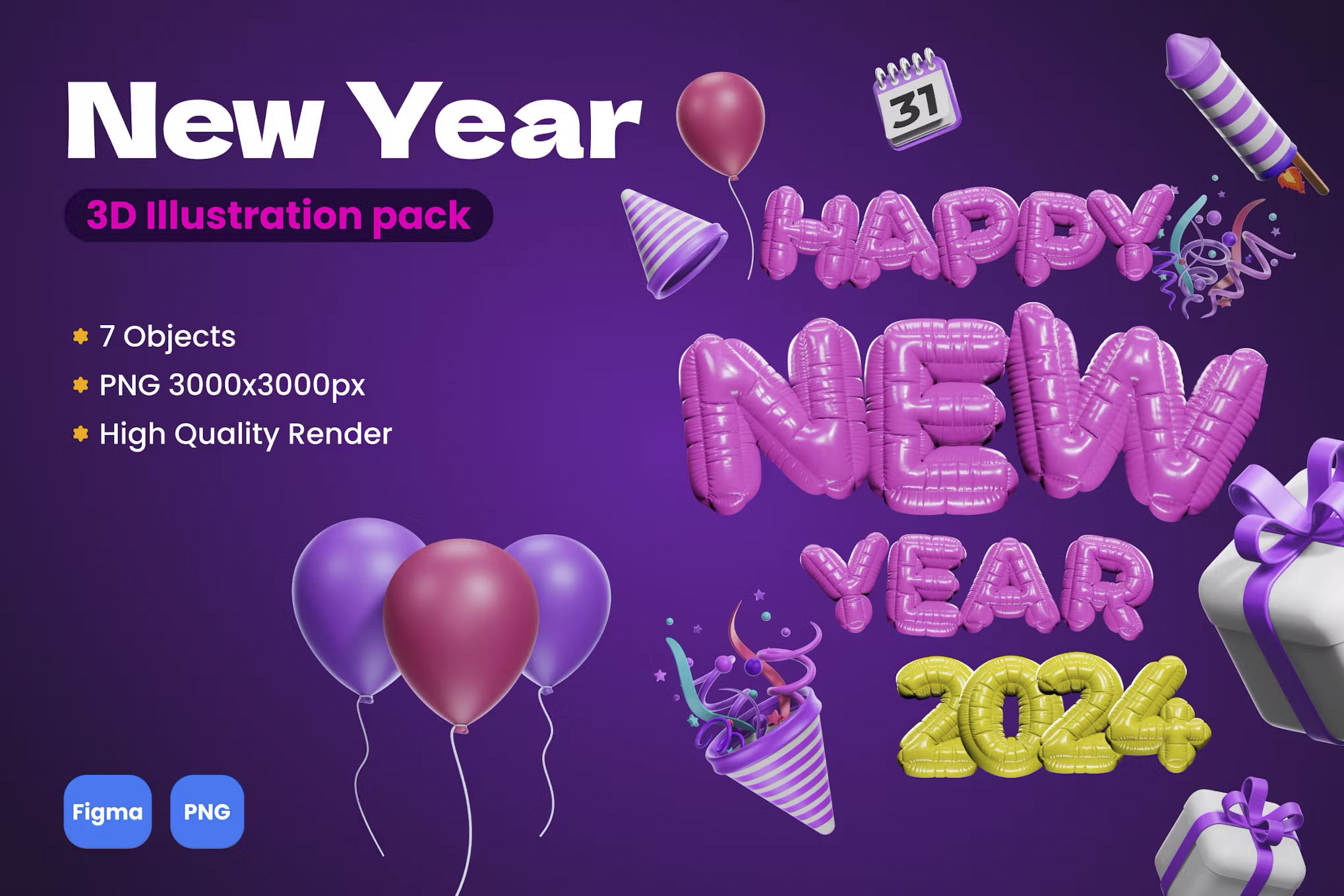 3D New Year illustration pack