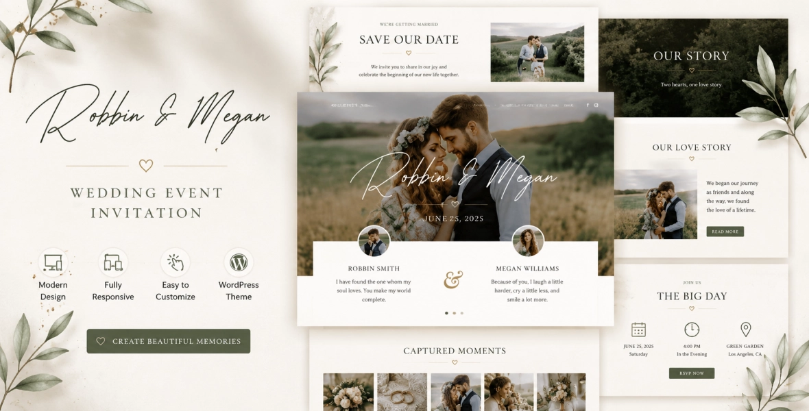 Robbie & Magie – Wedding Event Invitation Elementor Template Kit
