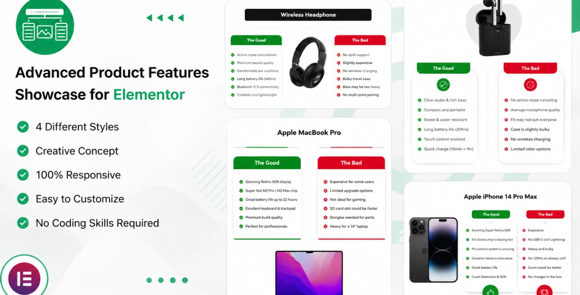 Advanced Product Features Showcase for Elementor